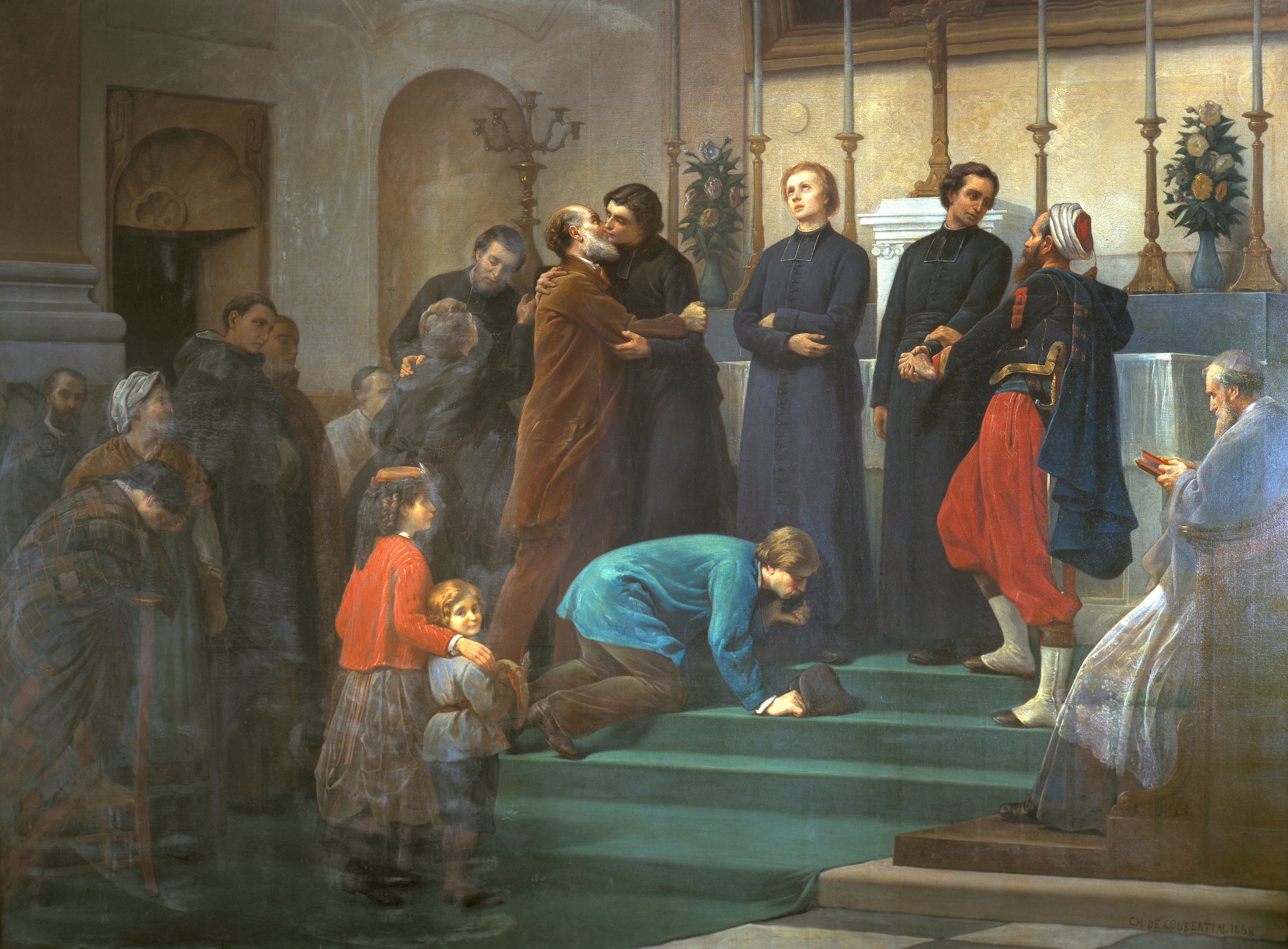 쿠베르탱의 ⟨출발⟩ (Charles de Coubertin, Le départ des Missionnaires, 1868, oïl on canvas) 우측 상단의 터번 쓴 자와 대화를 나누는 신부부터 좌으로 브르트니에르 신부, 도리, 볼리외, 위엥 신부이다. 네 신부 모두 1866년 병인박해에 순교하였다. 
