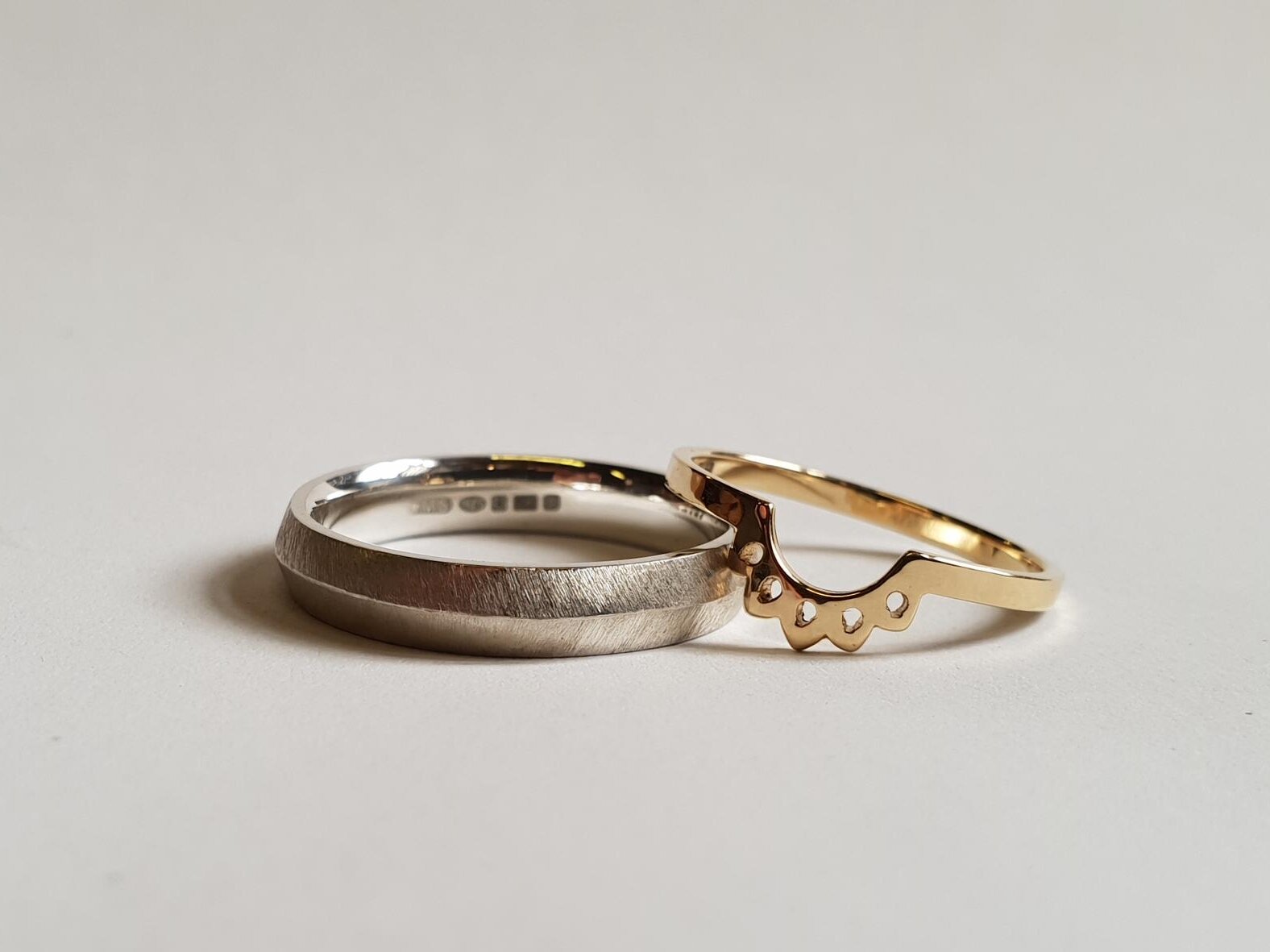 Bevelled edge &amp; shaped petal bespoke wedding bands 