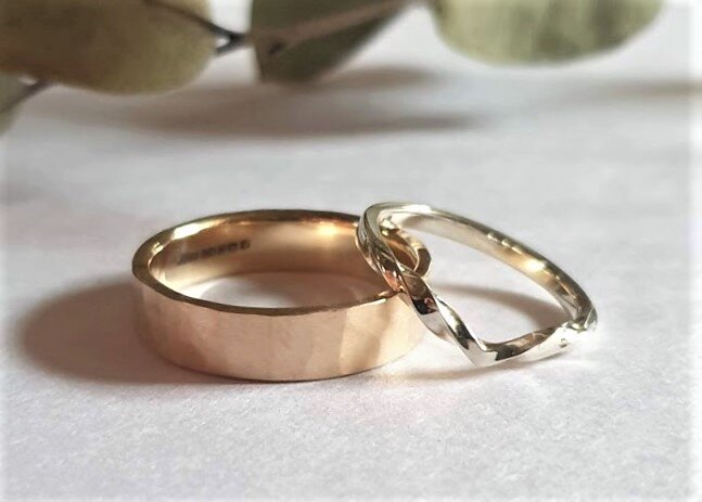9ct yellow gold hammered men's bespoke wedding ring and 9ct white gold twisted wishbone 2