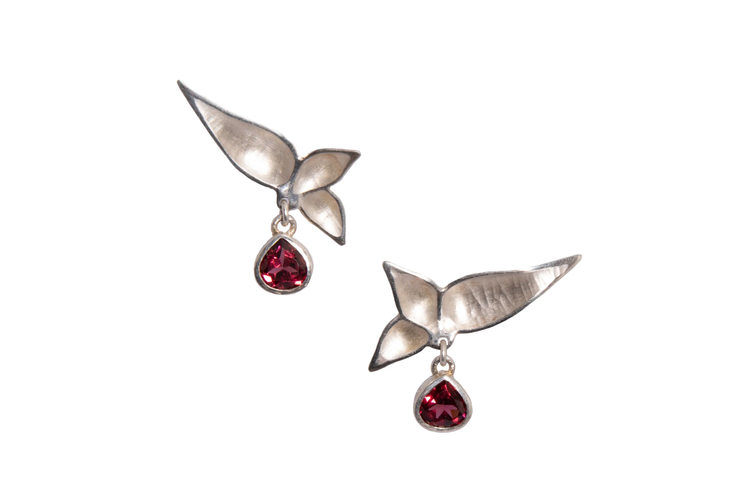 Sheffield Jewellery Maker Silver leaf earrings set with red garnets.jpg