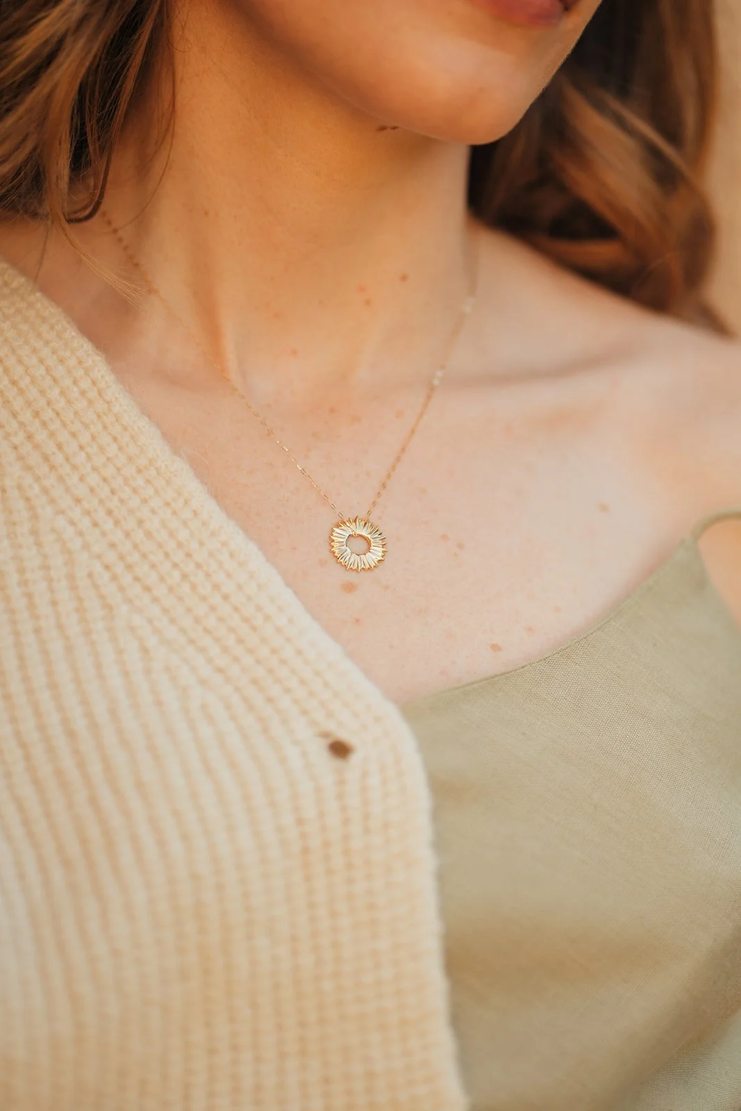 Gold sunshine necklace chain cathy sutherland jewellery designer maker jewellery botanical model photoshoot.jpg