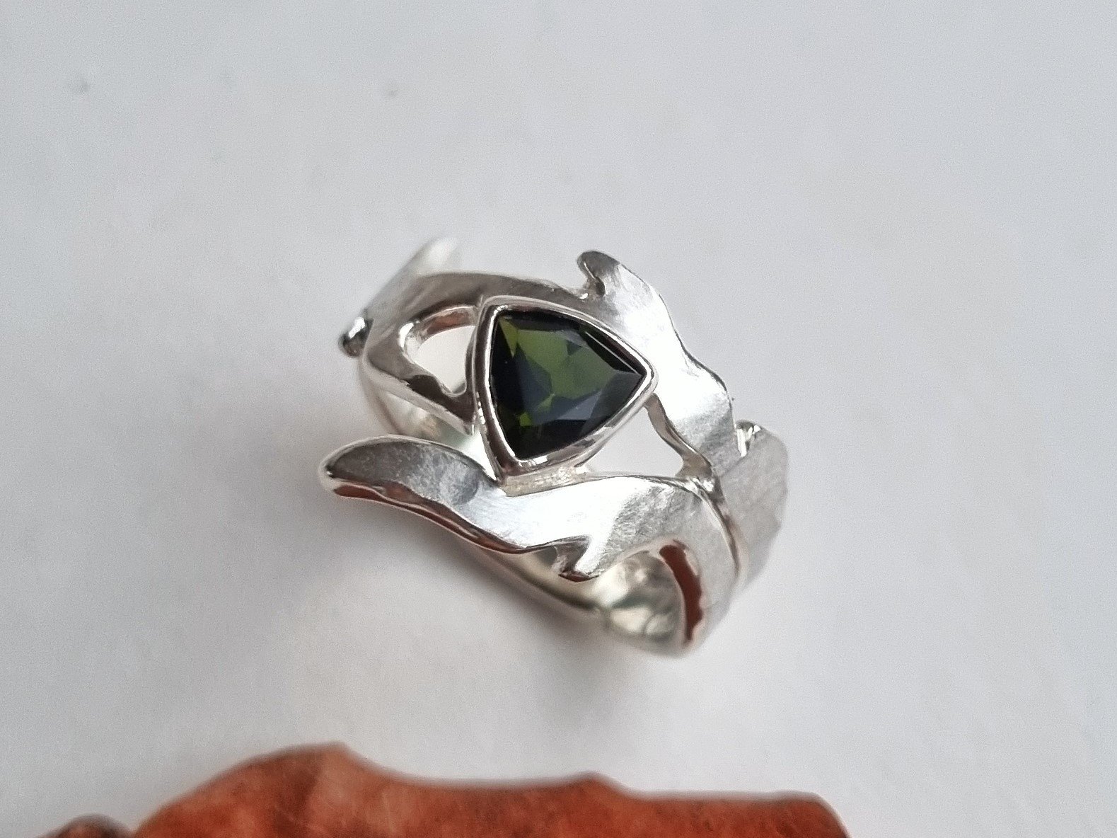 Silver branch textured ring with trillion green tourmaline.jpeg