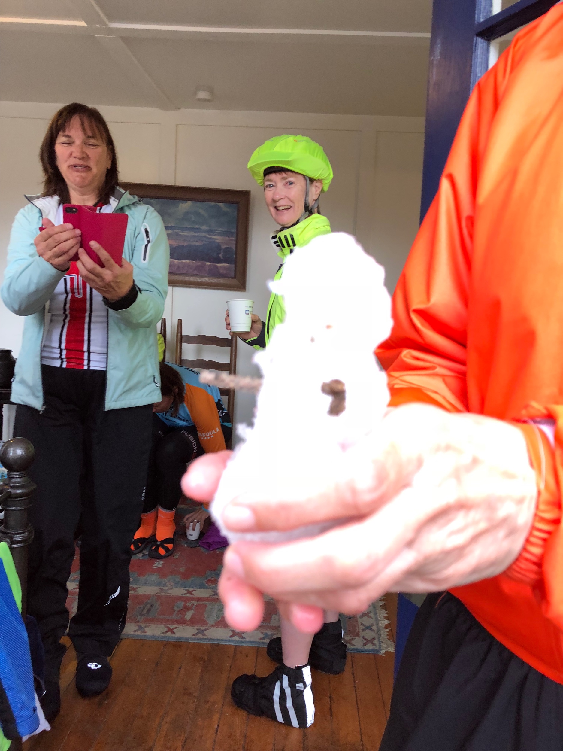 Sue makes a snowman on what was to be the day of our final ride into West Yellowstone in 2018.