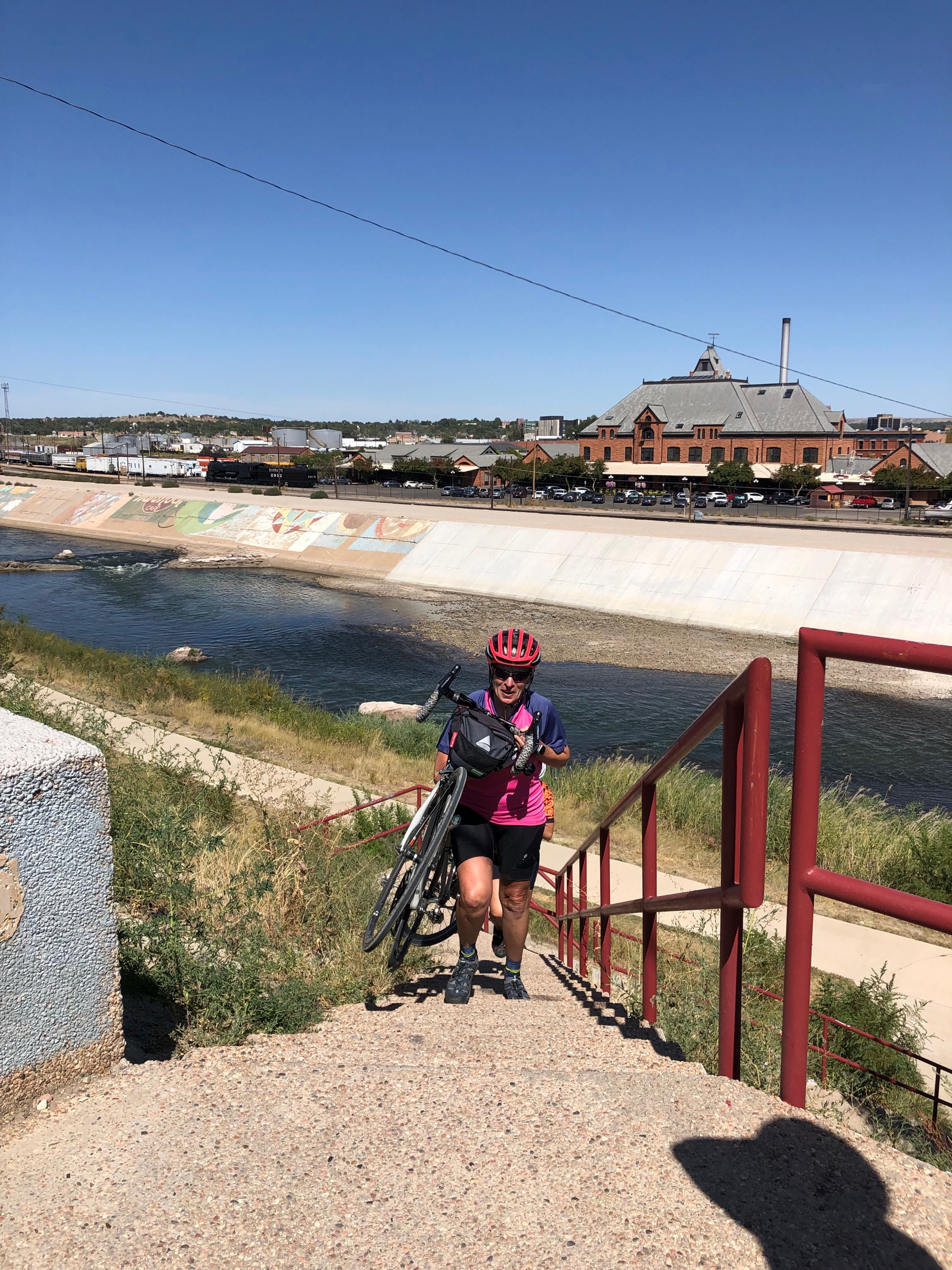 What we will do for lunch in the big city! Carrying our bikes up multiple flights of stairs from the bike path to the city level.