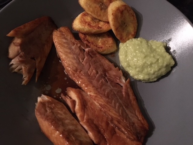 Plantain and home made garlic and avocado dip with fish