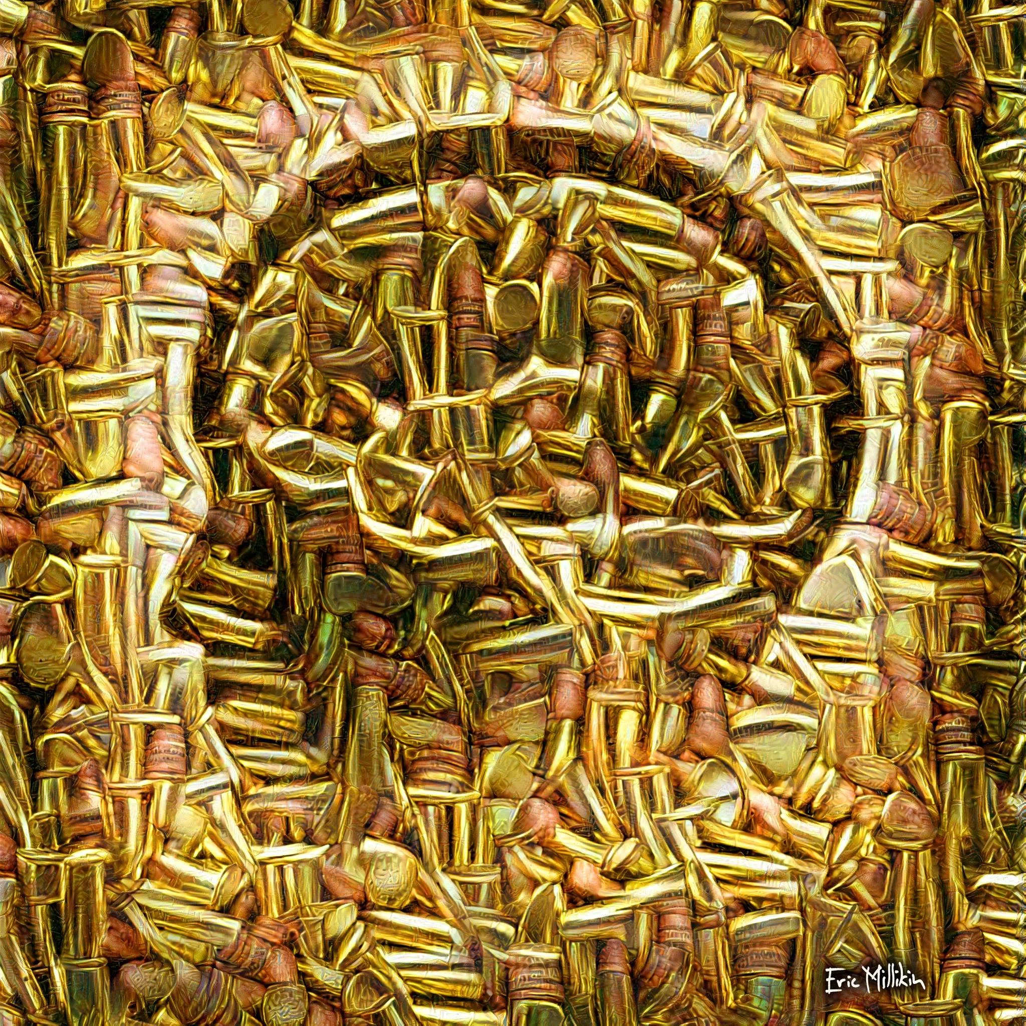 Portrait of the human mind made from melted bullets. Thinking about a lot of things while working on this, mostly what great things we could do if we used our brains more and our bullets less. 2017