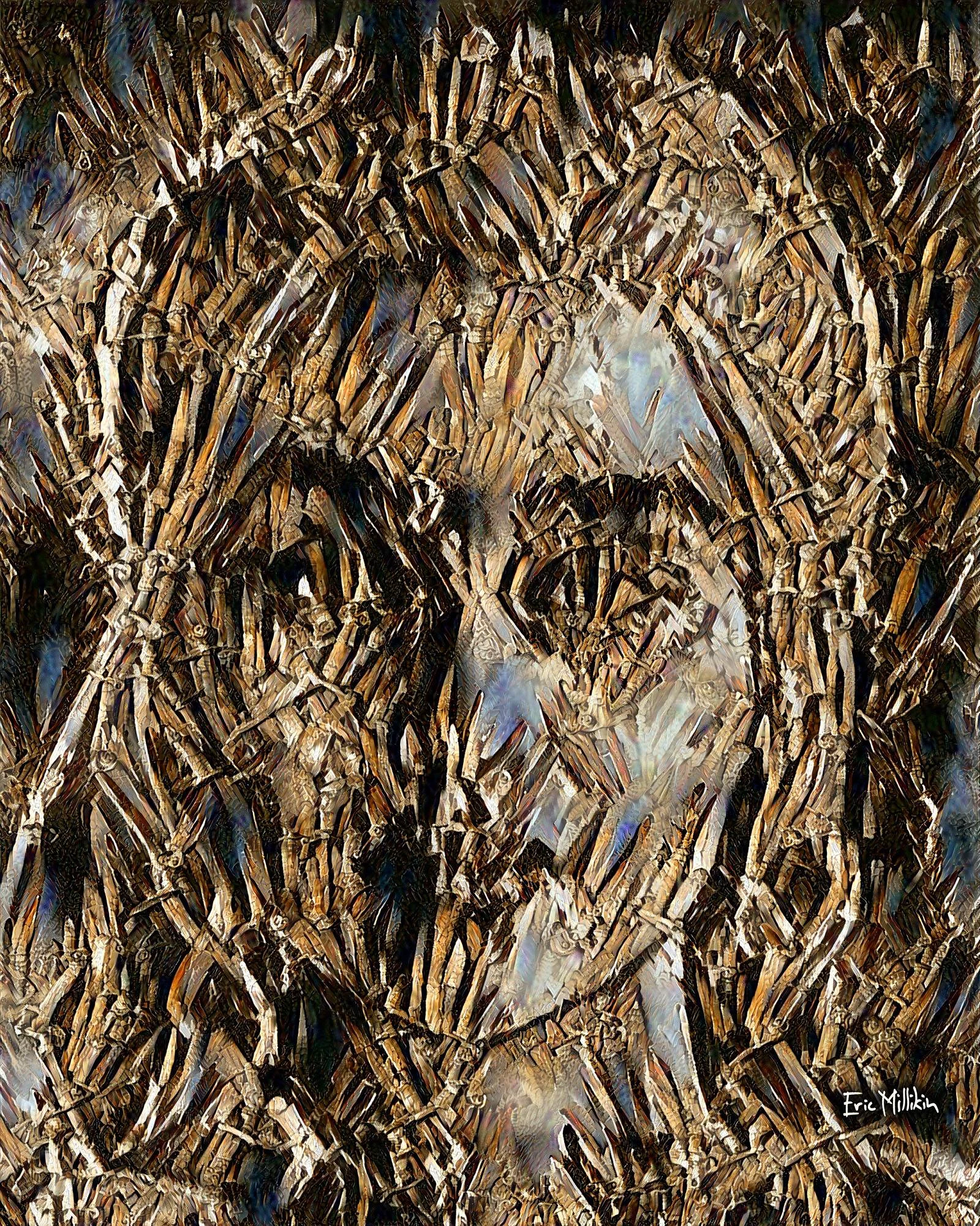 Portrait of Daenerys Targaryen, Mother of Dragons, based on the melted weapons of her enemies she has defeated, in a style similar to the Iron Throne her father once sat upon. 2017