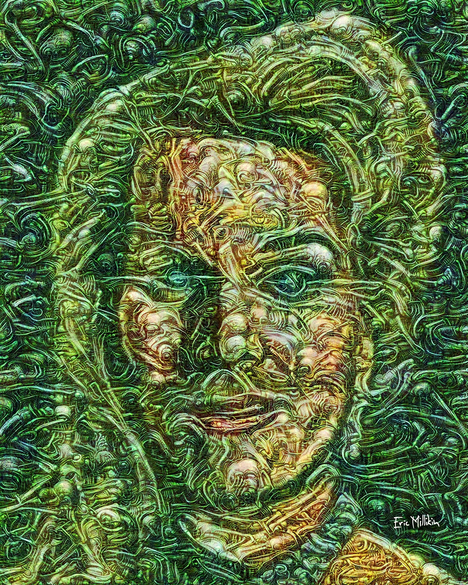 "Séance Affliction: Self-Portrait While Possessed by the Ghosts of Zsa Zsa Gabor and H. R. Giger" 2017