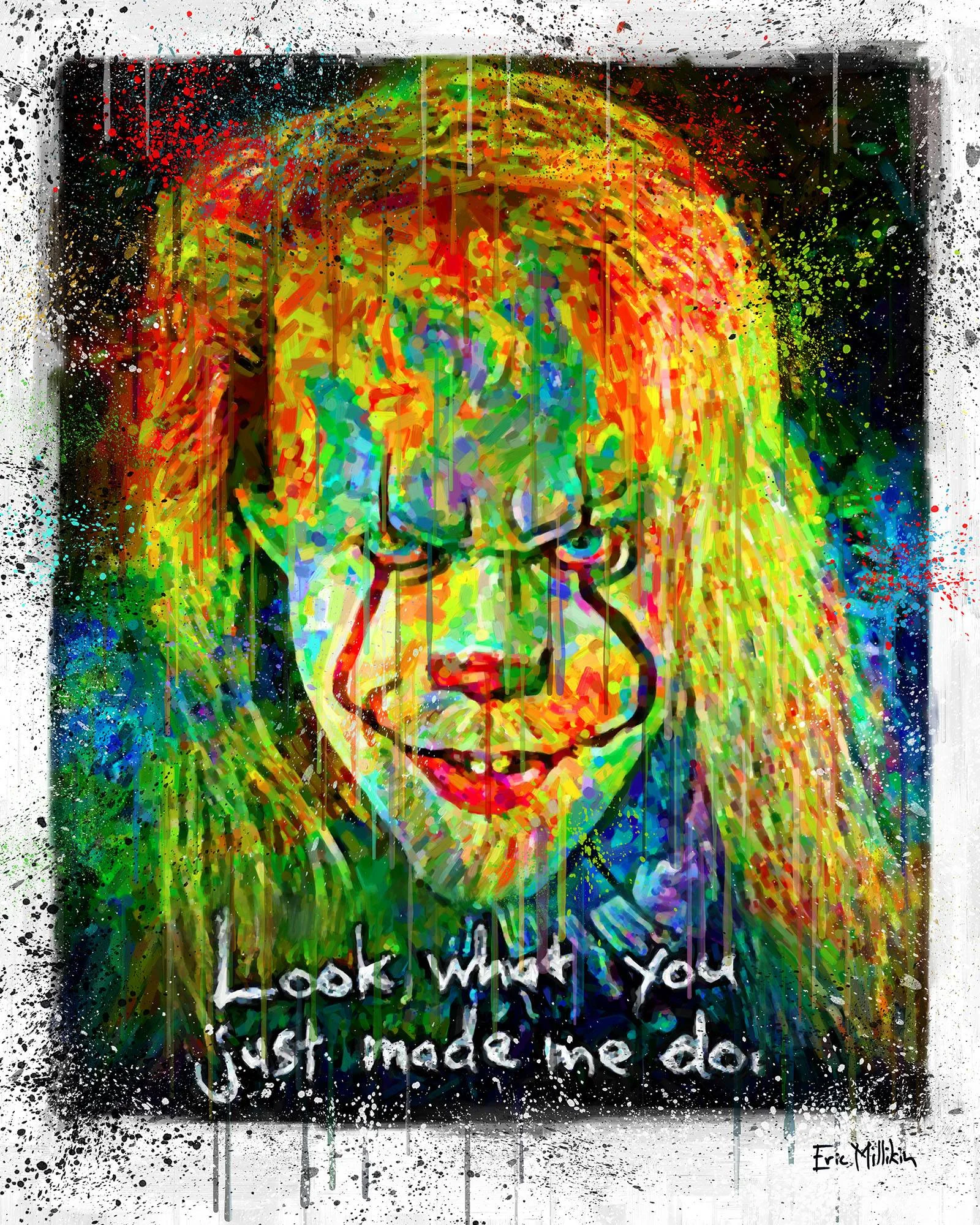 "Self-Portrait as Pennywise the Dancing Clown, with quote from a Taylor Swift song, in the colors of a hurricane weather map" 2017