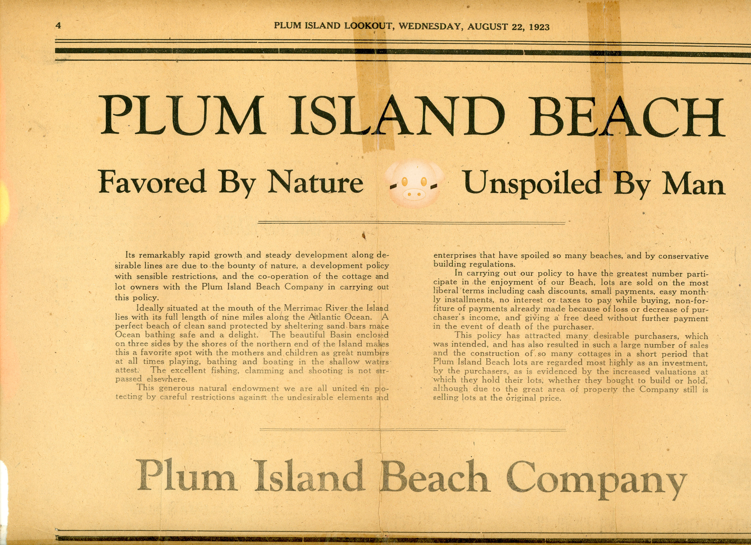 “Unspoiled by Man, Favored by Nature.” Plum Island Lookout  23 August 1923: 1. Print.