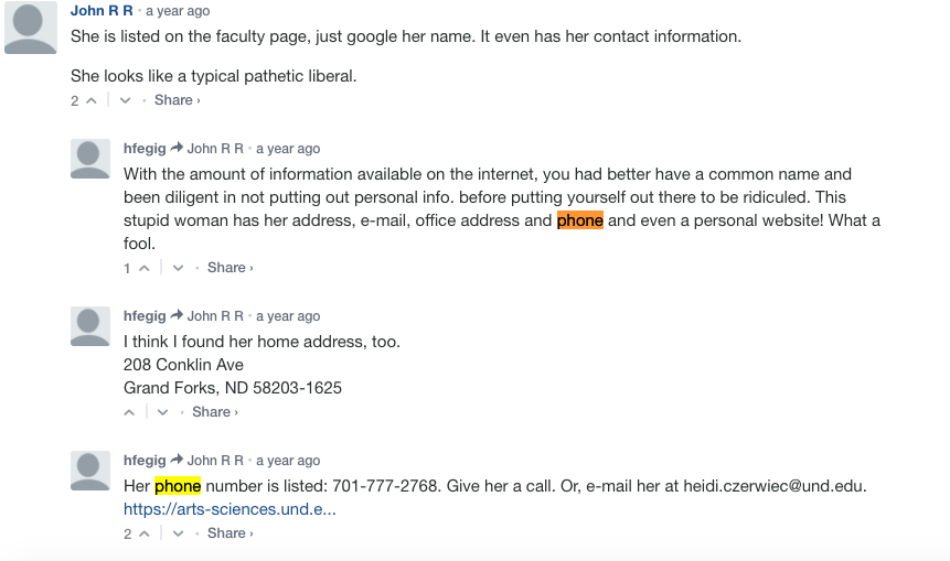 ABOVE: Infowars commenters publicize Dr. Czerwiec’s now-defunct campus email, office phone number, and home address.