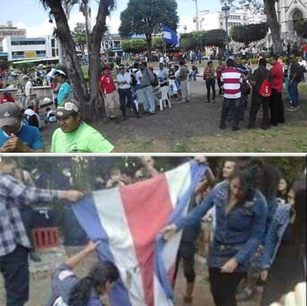 An image that was instrumental in sparking the xenophobic protest on August 18th. The top image depicts a peaceful gathering of Nicaraguan immigrants in La Merced Park, while the bottom image depicts a group of young Costa Ricans burning their own flag at a punk rock concert two years ago. While these photos are entirely unrelated, they were paired together and posted on a social media sight in a successful attempt to convince Costa Ricans that a mob of Nicaraguan immigrants burned the Costa Rican flag. (Photo: The Tico Times )