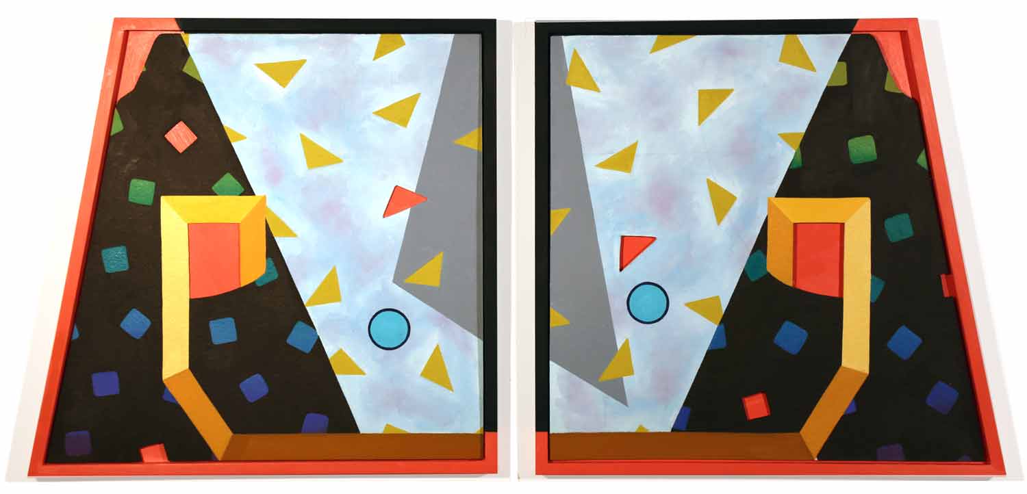   Eighties Angles  18 x 38 in, Oil on shaped paper in shaped wood frames, (diptych), 2016 