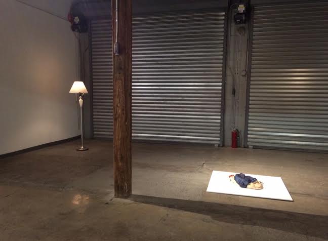 Installation view, includes work by Rachel Higgins, "Floor Lamp," 2013, Lamp, spliced together with an oscillating fan motor, To Scale, and Kevin Frances, "Lucas's Clothes #3," 2014, Ceramic, pigment, acrylic varnish, 30x12x6 in