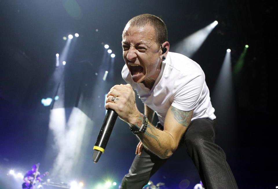 Linkin Park’s Chester Bennington on stage. Photo from The Sun.