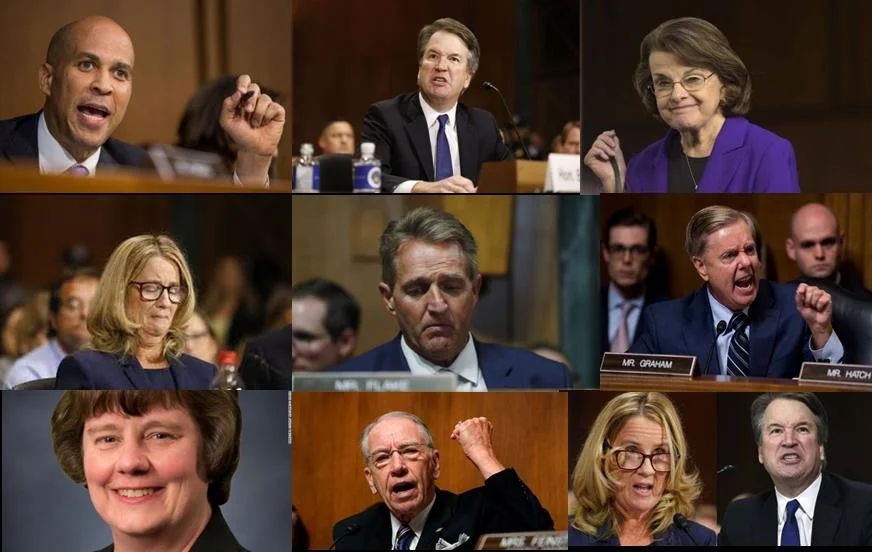 Players in the Kavanaugh hearings, from left to right, starting in the upper left corner: Coery Booker, Brett Kavanaugh, Diane Feinstein, Christine Blasey-Ford, Jeff FlakeLindsey Graham, Rachel Mitchell, Chuck Grassley