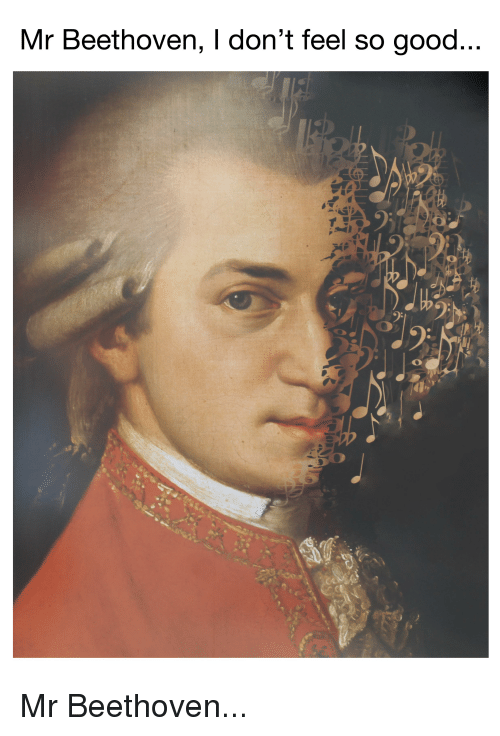 Meme of a distortion of a 1780 painting of Wolfgang Amadeus Mozart by Johann Nepomuk della Croce