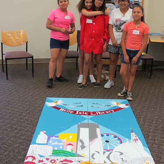 I am so proud of our students! Yesterday was our first community art day at the Belle Isle Library. We had lots of families and children help with the painting of what ultimately will be a 4' x 6' painting on canvas. Our students took the lead by helping each visitor choose colors, helped them understand what they were painting and showed them the process. #artchangeslives #belleislelibrary #communityart #groupeffort