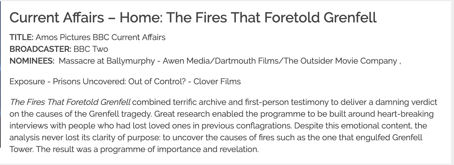 The fires that foretold Grenfell wins the 2019 Royal Television Society journalism award in the domestic current affairs category