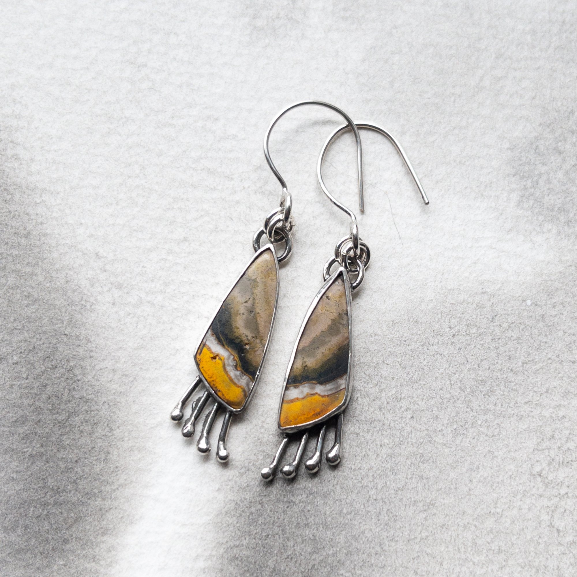 Bumblebee jasper silver fringe earrings, grey and yellow, handmade statement jewelry, wearable art