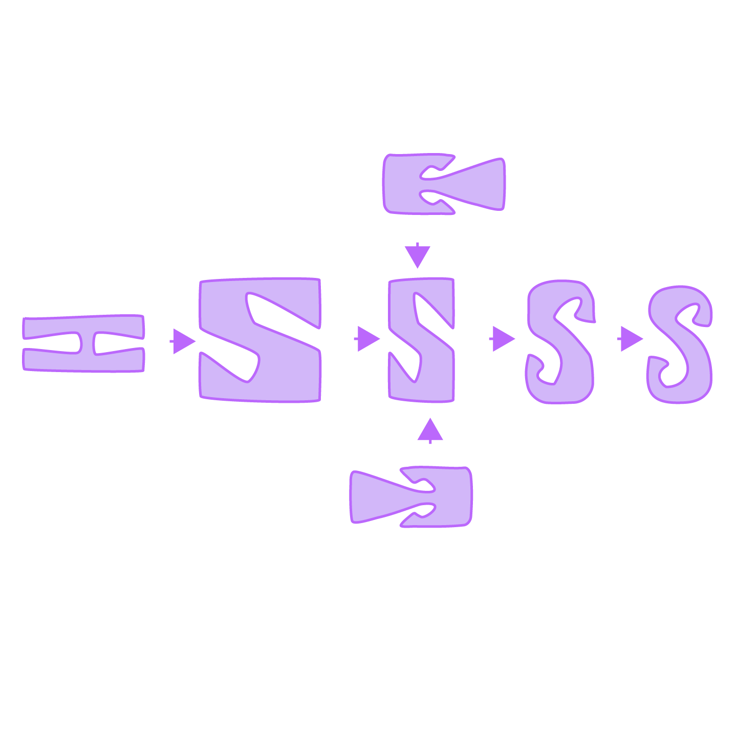 a sideways H into an S