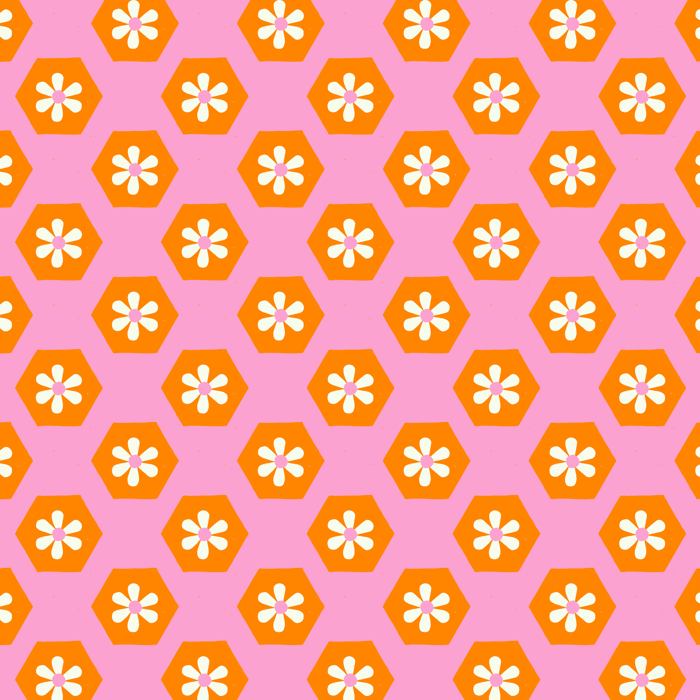 Lysa Flower print  with orange hexis and white daisies Groovy Floral-pink.png