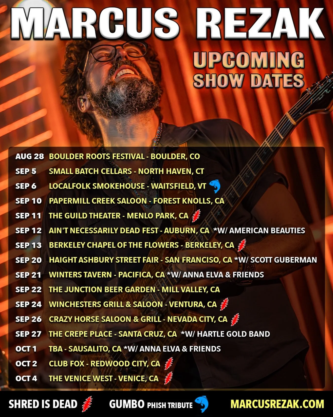 A lot of miles and music ahead, and I&rsquo;m so grateful for it! ⚡️

The next run starts August 28 in Boulder, followed by stops in Connecticut and Vermont before I head west for nearly a month of California shows. There will be Shred Is Dead dates,