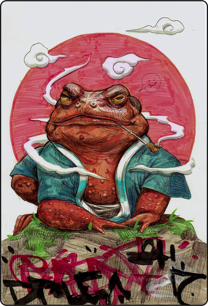A caricature of a frog wearing a jacket and smoking a pipe, with a large red circle background and graffiti on the ground, illustrated in a cartoon style.