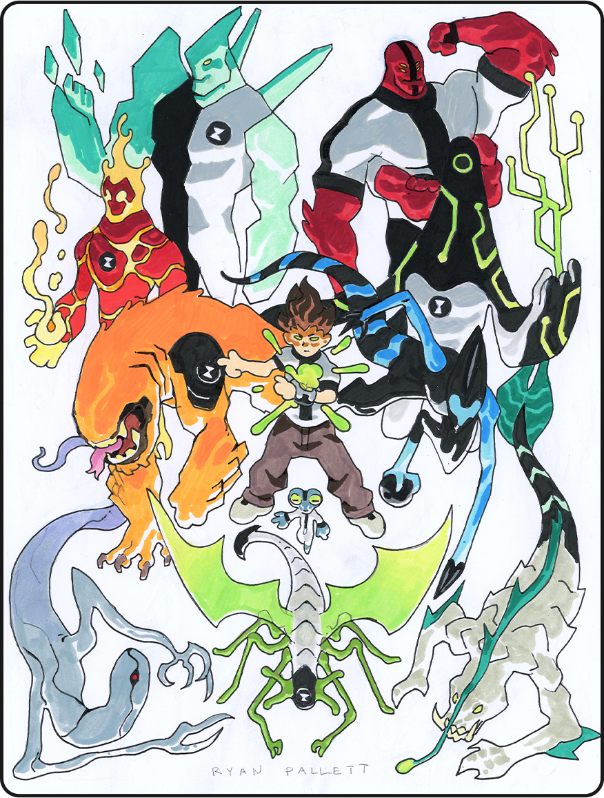 Colorful illustration of various mythical and fantastical creatures surrounding a small person with glasses and a green shirt, including a dragon, a humanoid figure, and ghostly beings.