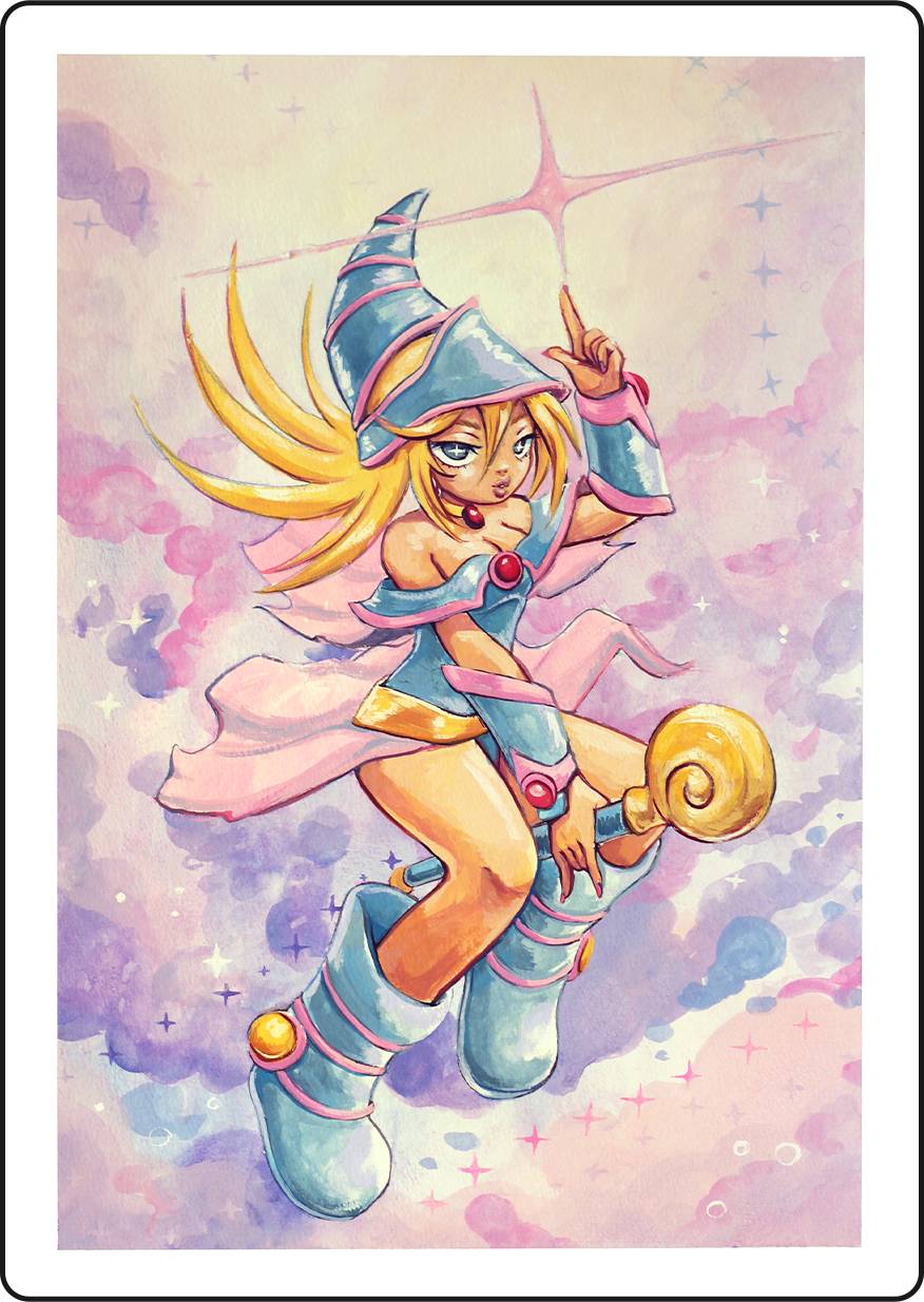 A colorful illustration of a fantasy witch girl with blonde hair, a blue and pink outfit, and a large wizard's hat, flying through a dreamy, pink and purple cloudy sky with stars and sparkling effects.