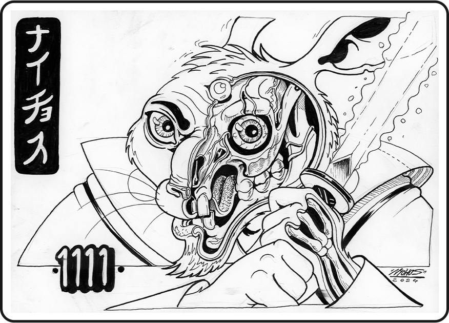 A detailed black and white drawing of a humanoid creature with a robotic and monstrous appearance, wearing a suit with a number '1111' and Japanese characters on the left side, holding a sword or katana, with a fierce expression and intricate mechanical details on its face.