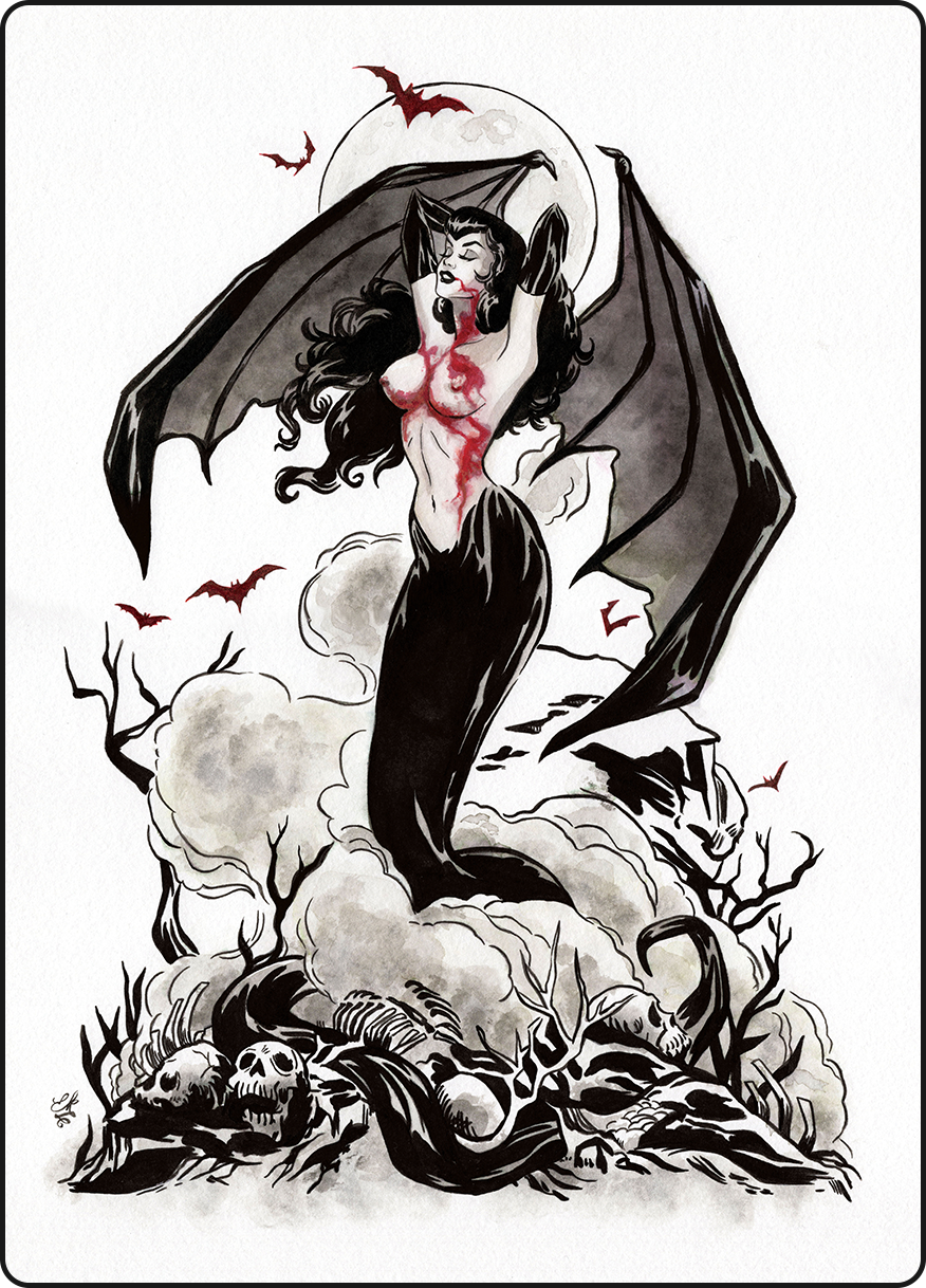 A dark, gothic-style illustration of a female vampire with bat wings, standing on a pile of skulls and bones, with a full moon and bats flying in the background.