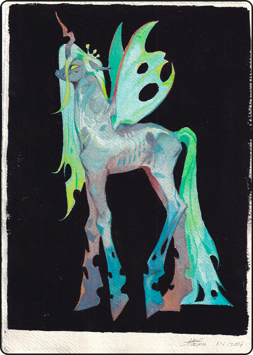 A colorful fantasy creature with the body of a deer, large wings with black spots, and a horn on its head, set against a black background.