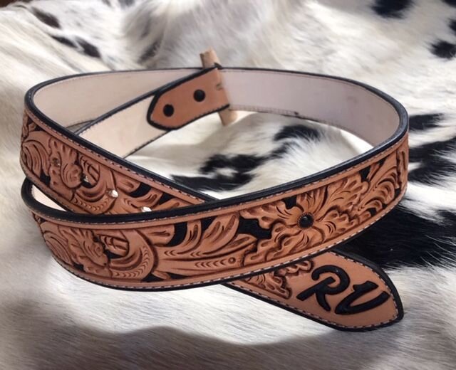 Personalized Turquoise Leather Belt Tooled with Name and Initials, Handmade Belt Personalized
