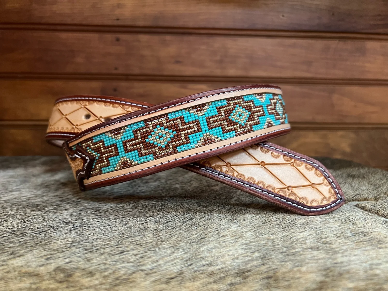 Raj Beaded Belt Pink Geometric Leather Accent NWT Beaded Belts — Matt Bennett Custom Leather main image 4