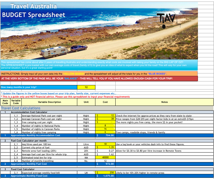 Do you want to know how much it will cost YOU to travel Australia? This spreadsheet will take into account your individual financial situation and give you your detailed monthly expenses! Grab it now!
