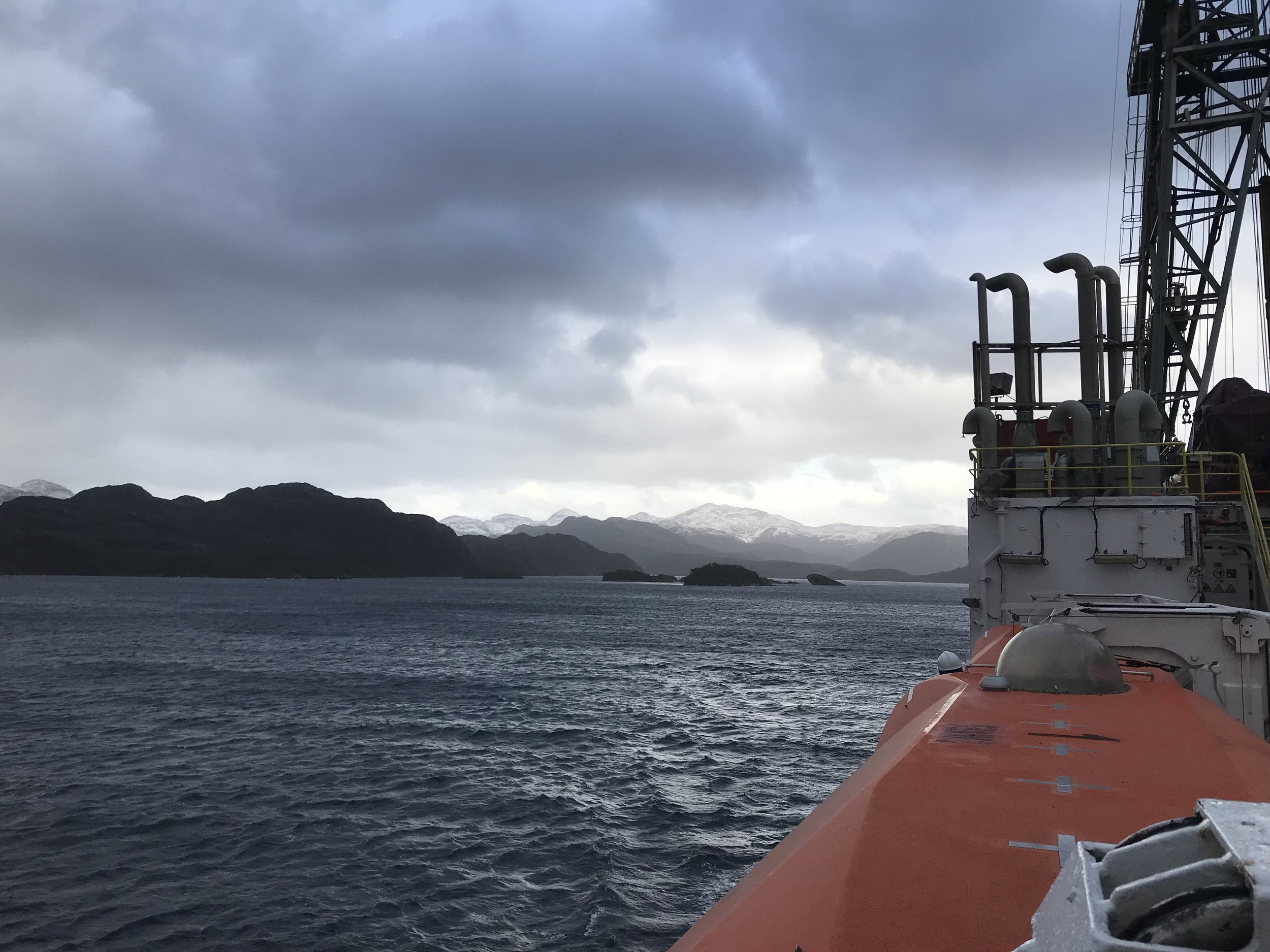 The JR transiting through Chilean Fjords.