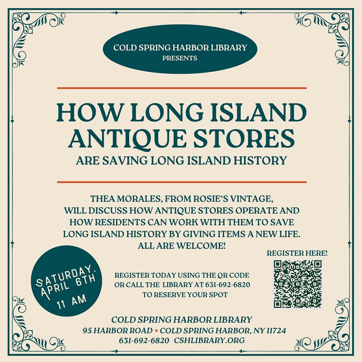 ✨How Antique Store Are Saving Long Island History✨
The owner of Rosie&rsquo;s Vintage will discuss how antique stores operate and how residents can work with them to save Long Island History by giving items a new life.

DATE: Saturday, April 6th
TIME