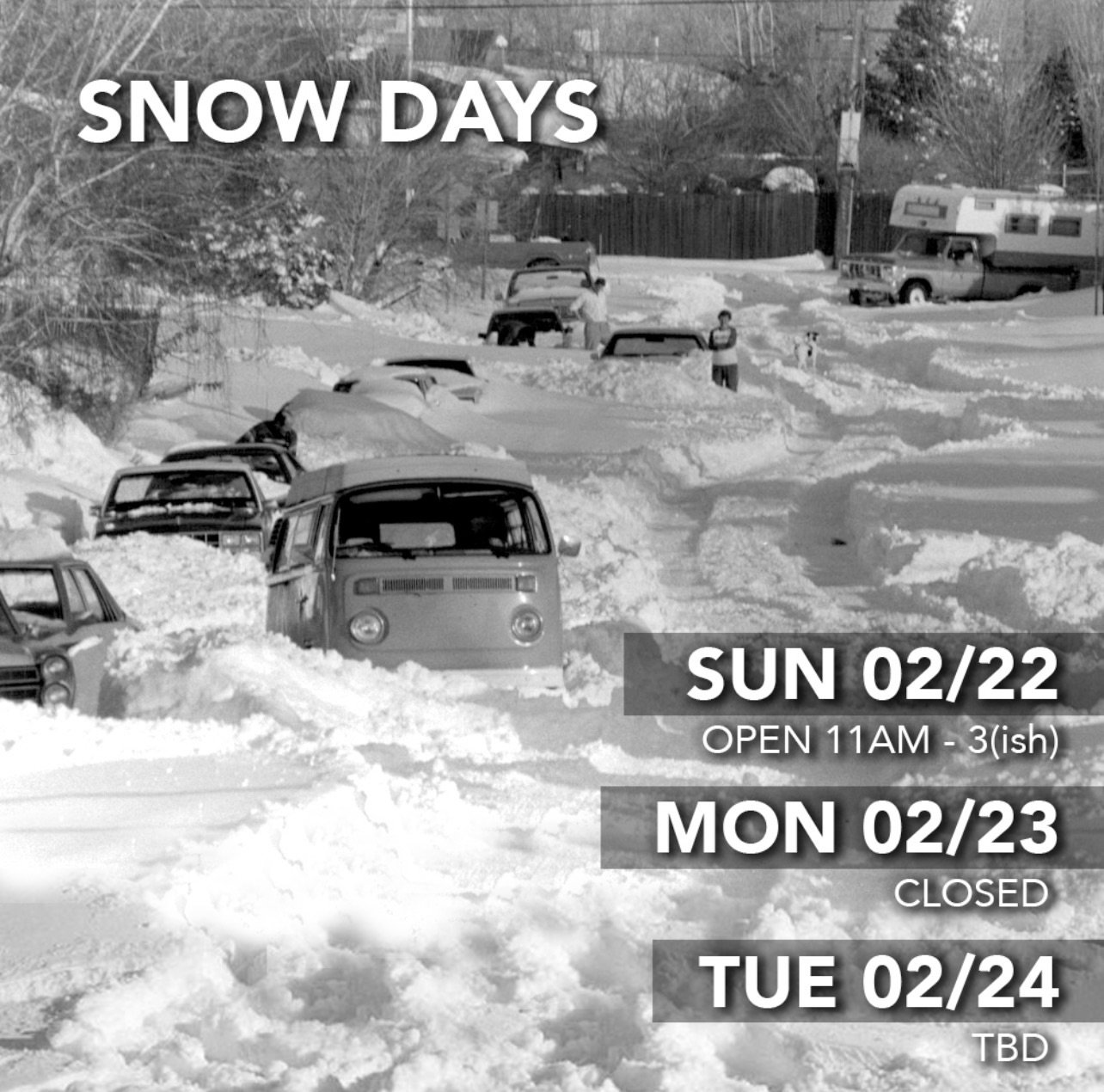 ❄️Snow Days❄️
Let&rsquo;s just hope this will be the last of the angry white stuff Mother Nature will throw at us this year.

Rosie&rsquo;s will be OPEN Today Sunday 2/22 but we&rsquo;ll have shortened hours.  We will most definitely be CLOSED Monday