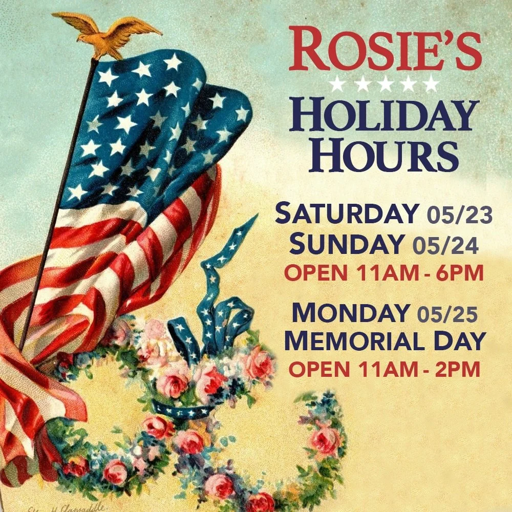 ✨Rosie&rsquo;s Vintage HOLIDAY HOURS✨
&bull; Saturday May 23rd
11am - 6pm
&bull; Sunday May 24th
11am - 6pm
&bull; Monday May 25th
11am - 2pm 
Memorial Day
✨❤️💙🇺🇸💙❤️✨