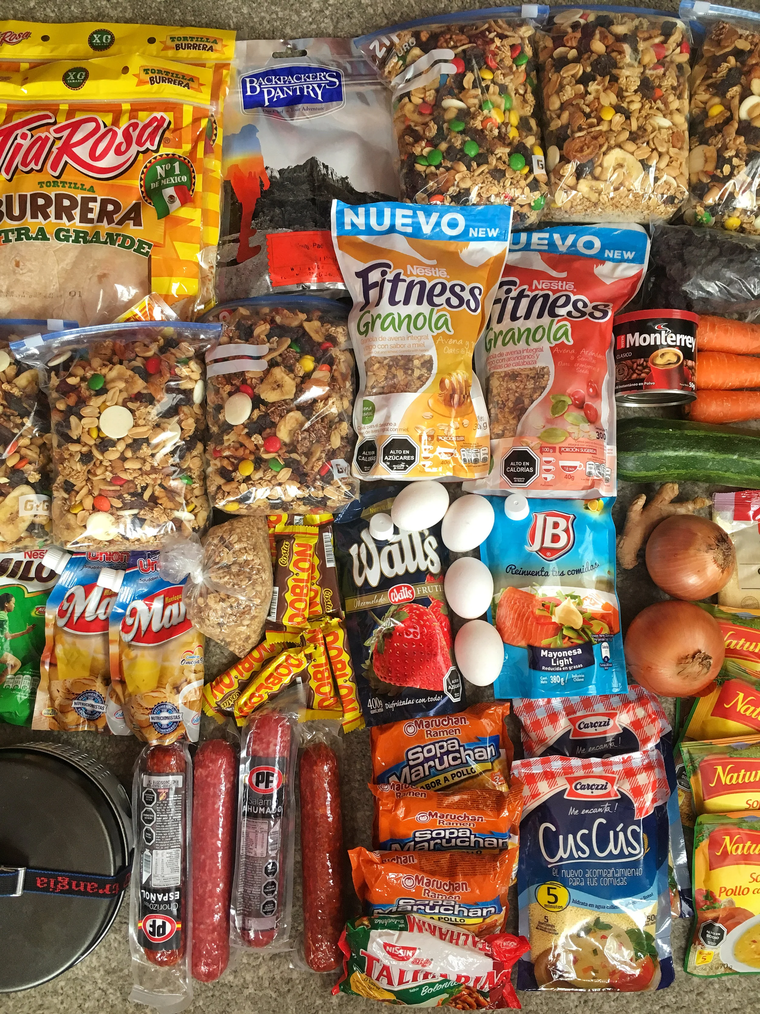 Eight days of food for two (and a little for a mouse that found its way into my bag one evening)