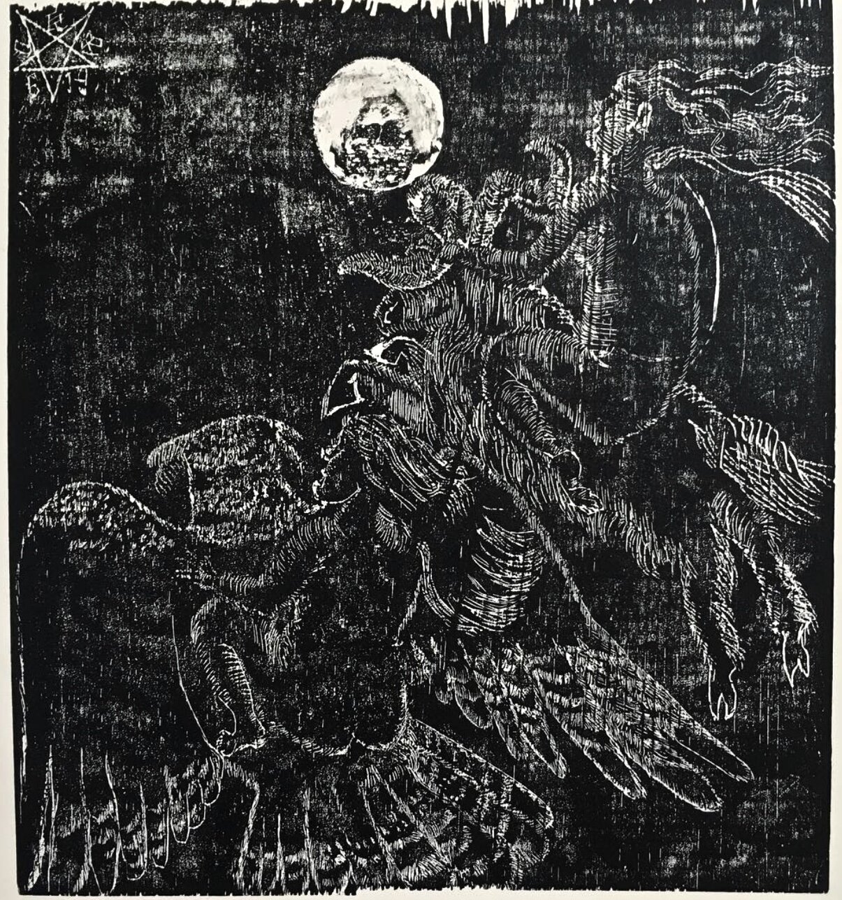 “Moon Sisters“ 10 x 11” woodcut on recycled wood and paper, edition of 5, August 2019.