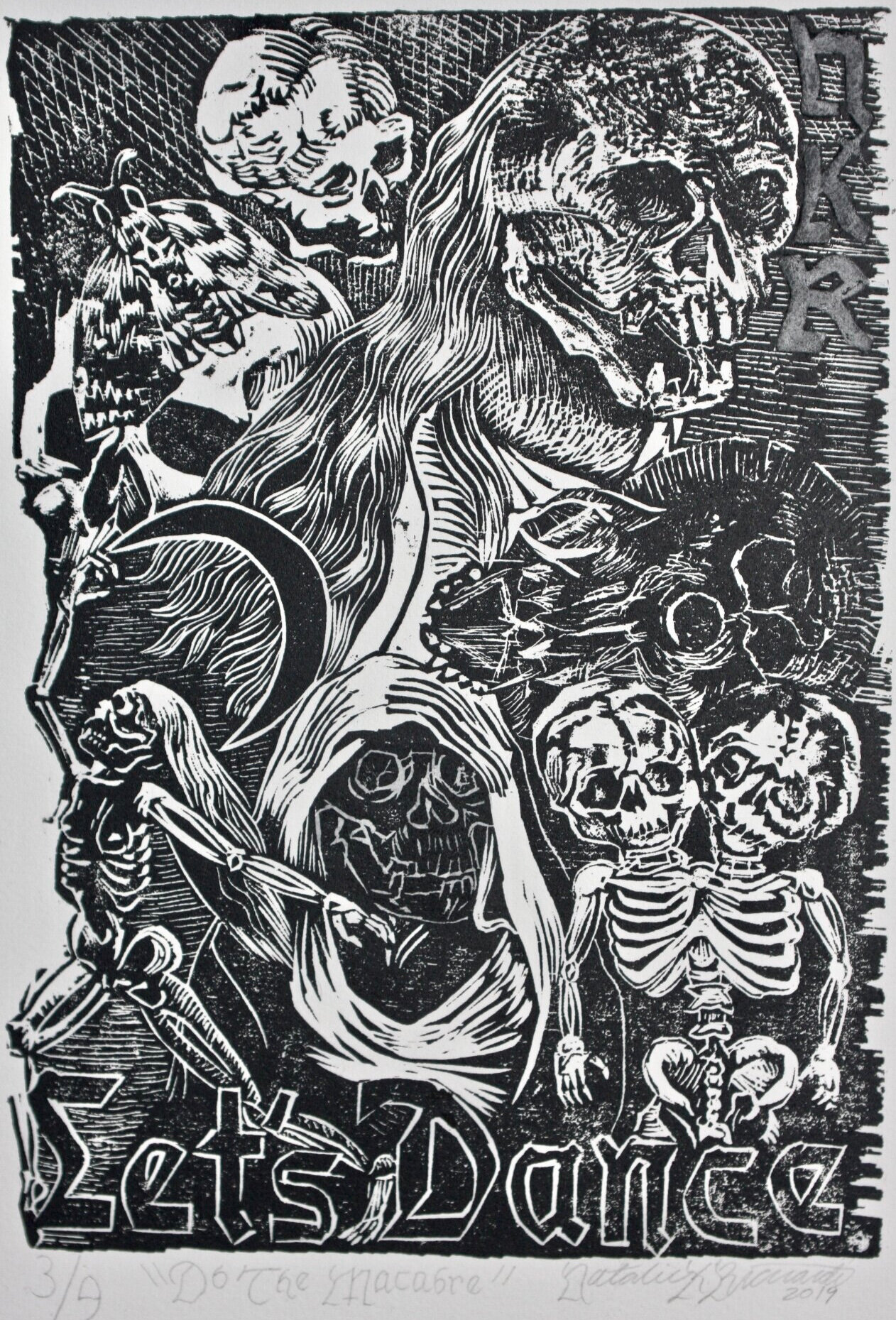 “Do The Macabre“ 10 x 13” woodcut on recycled paper, edition of 9, March 2019.