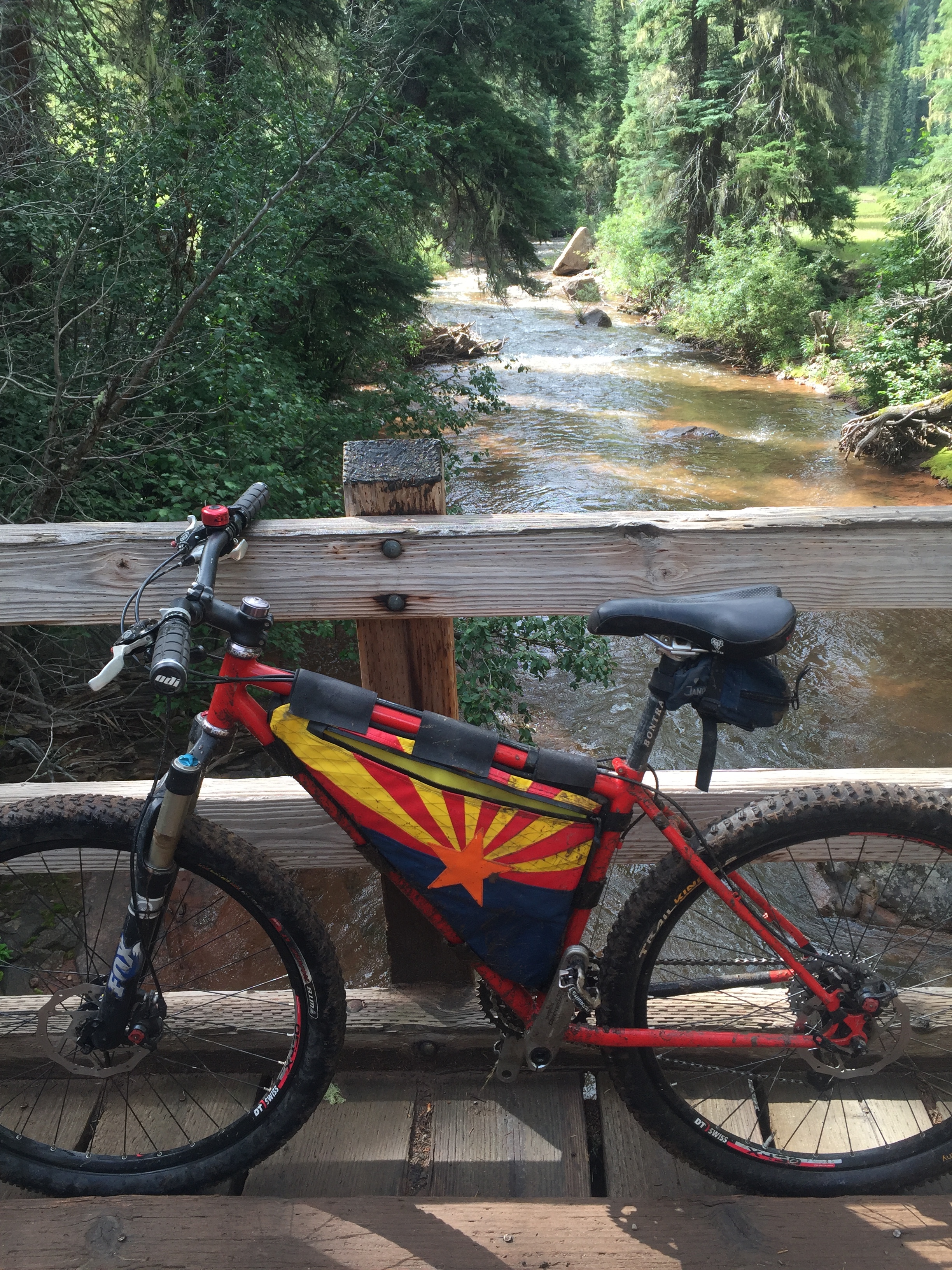 My steed, a top one of the many bridges along Hermosa Creek. Surface water is a huge treat for us dry country folks. 