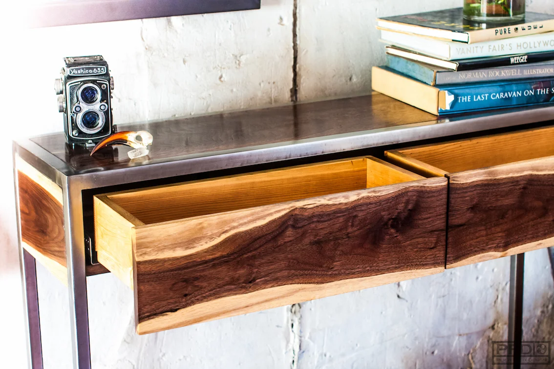 Entryway Walnut and Steel Console/ Draw Detail