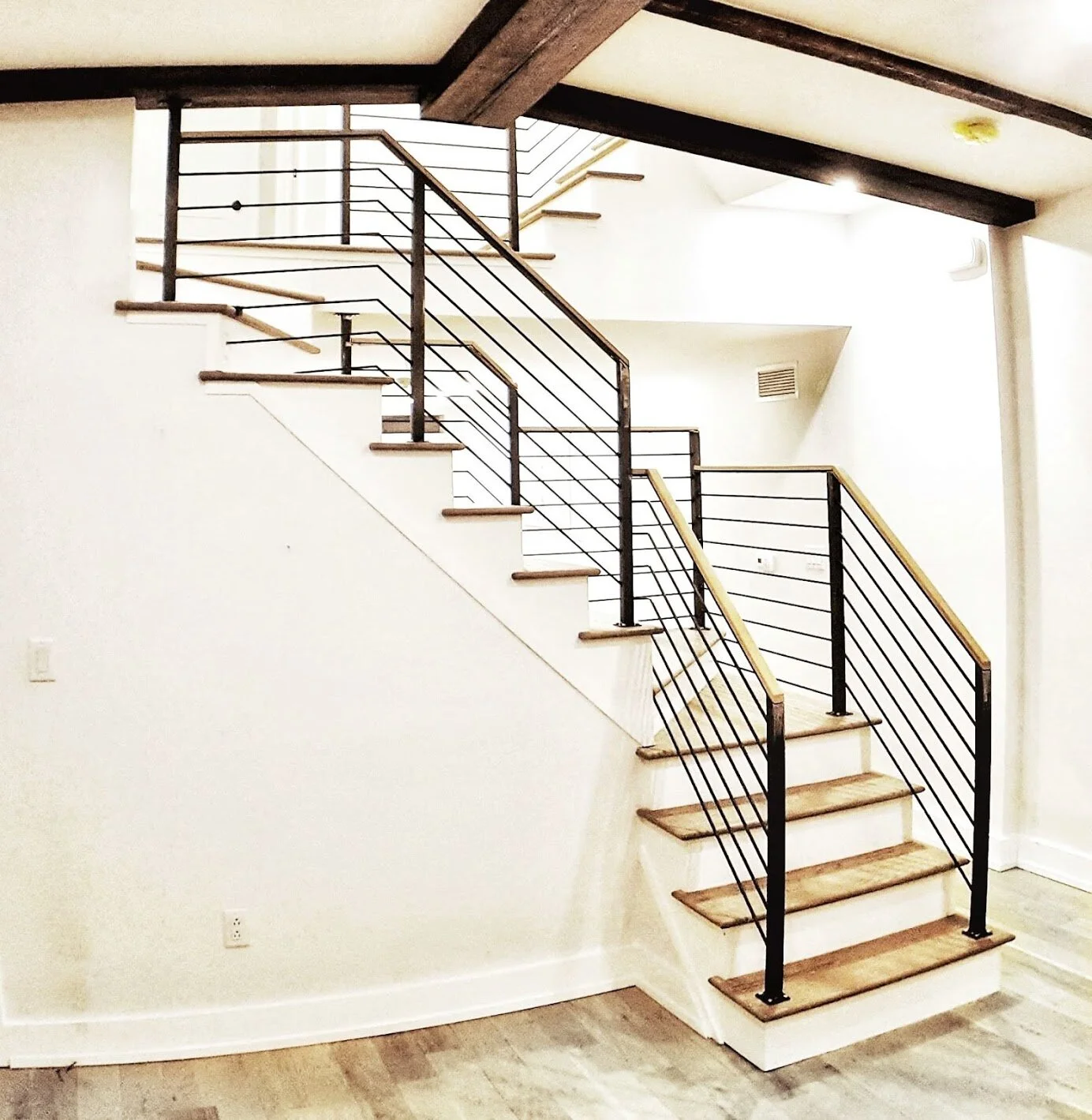 4 story steel railing with white oak top rail cap, Queen Village project