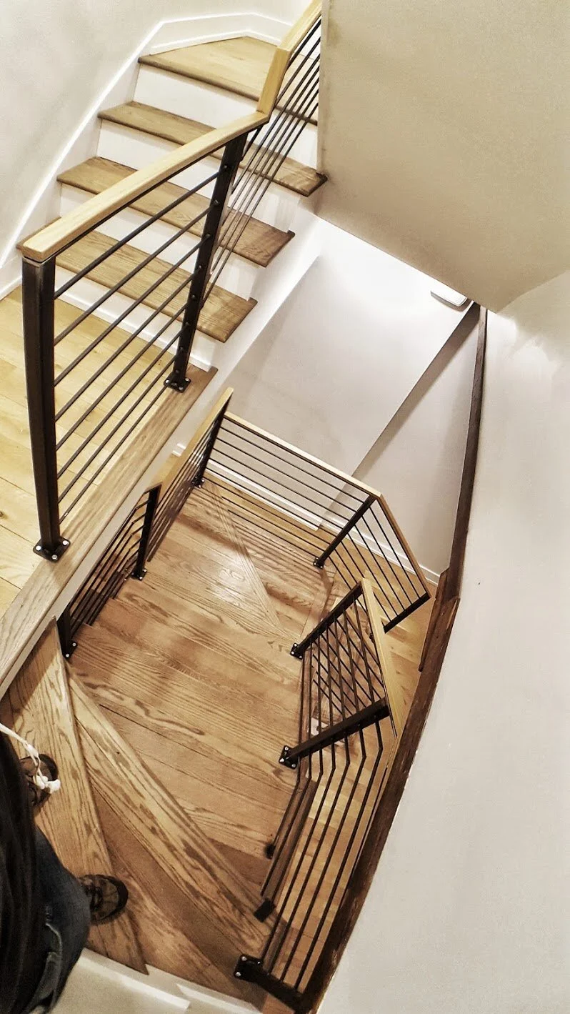 4 story steel railing with white oak top rail cap, Queen Village project