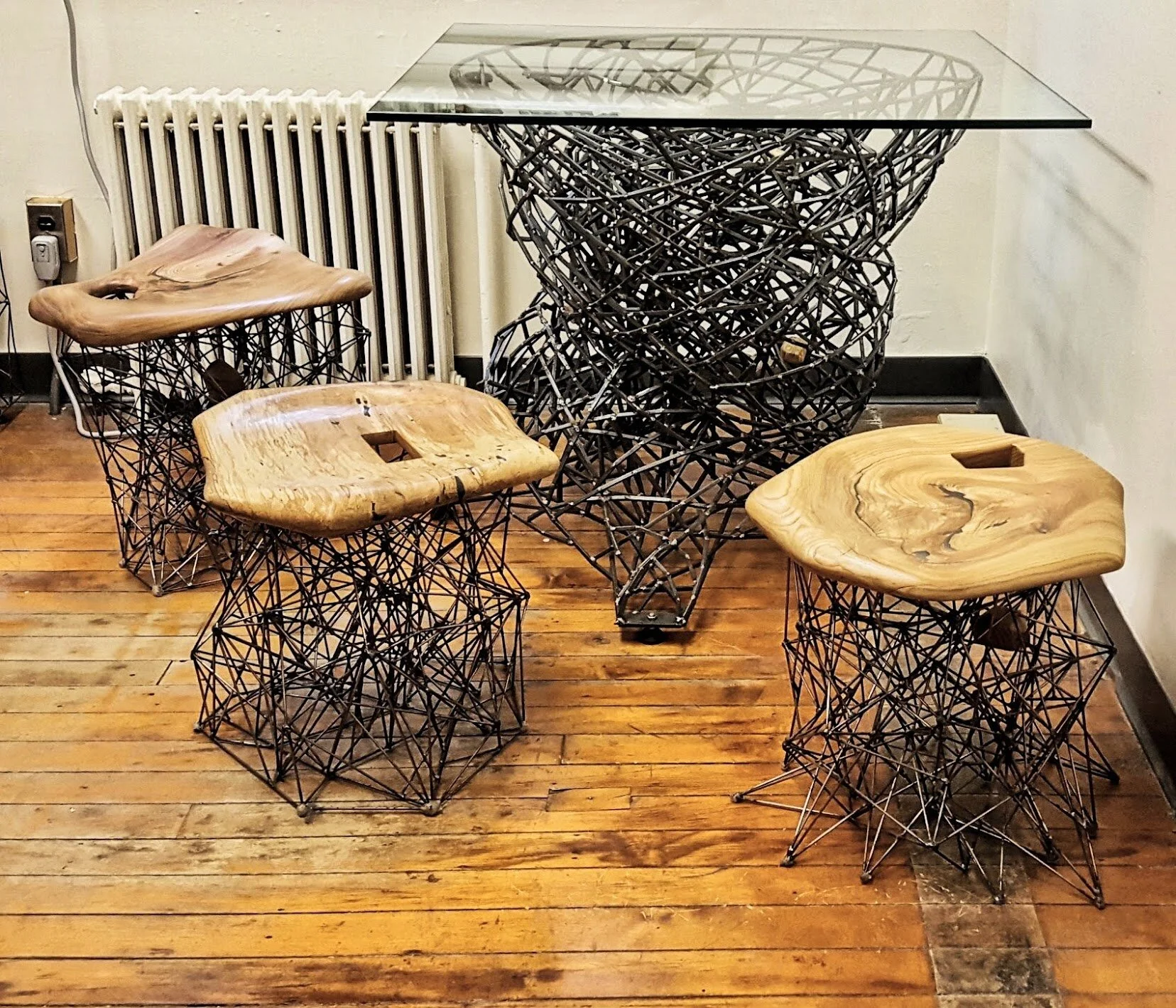 Network Table Glass and Steel Stool Elm Seat Steel base 
