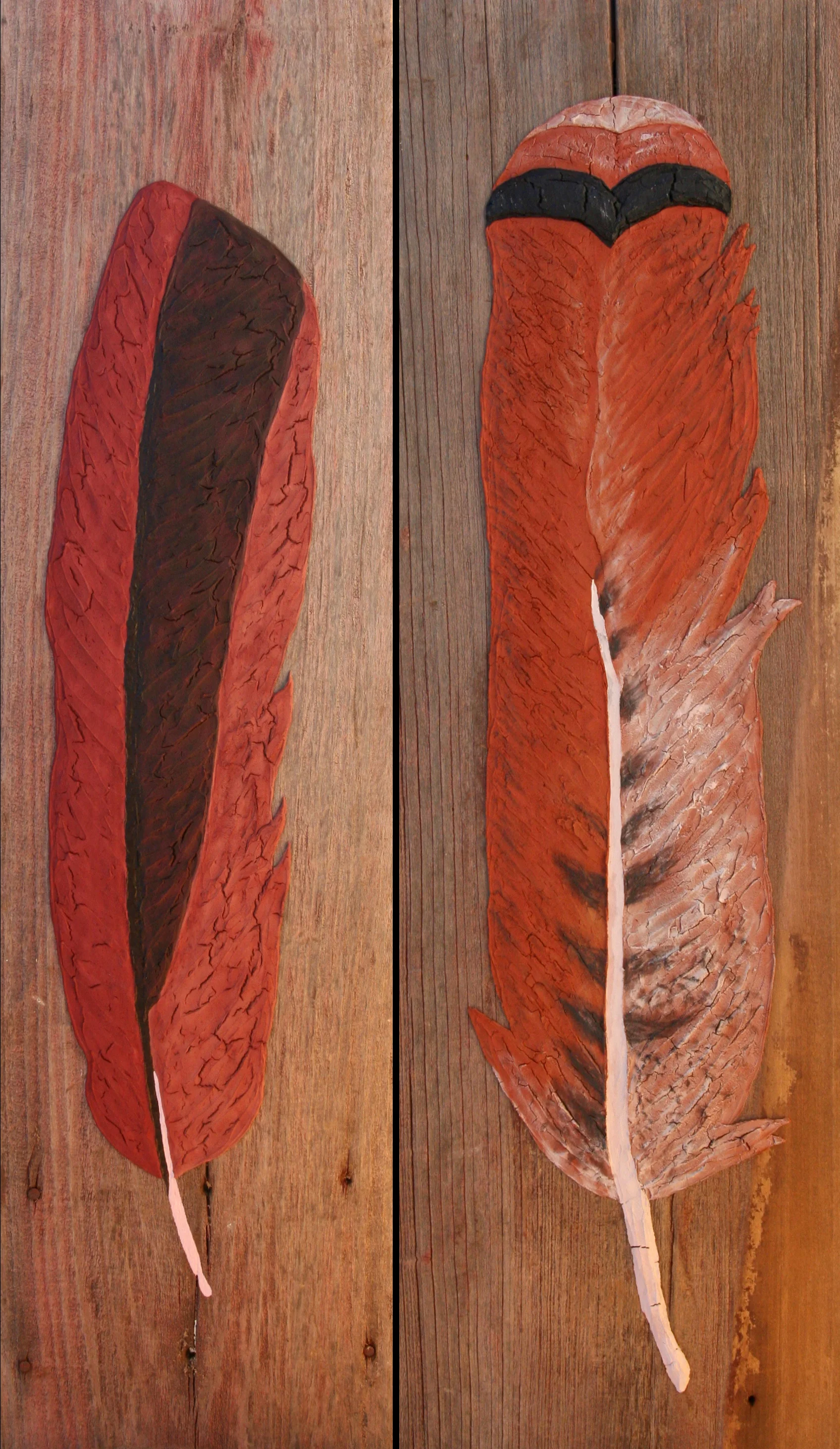 Cardinal | plaster, acrylic on barn siding | 9.5 x 36 | $160 Red-tailed Hawk | plaster, acrylic on barn siding | 10.5 x 36 | sold