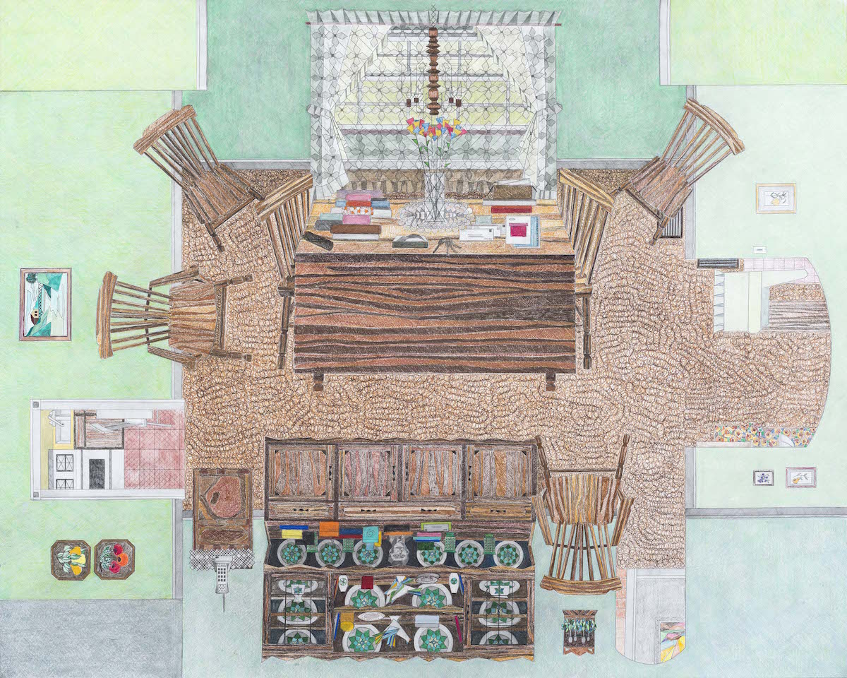    Dining Room Margie’s Clutter  , 2013-15  Pencil, colored pencil and gouache on paper Print size:&nbsp; 28 x 38 inches Archival Pigment Print on Velvet Fine Art Rag Paper Signed and Numbered Edition of 15 $800  Print size:&nbsp;16 x 26 inches, &nbs